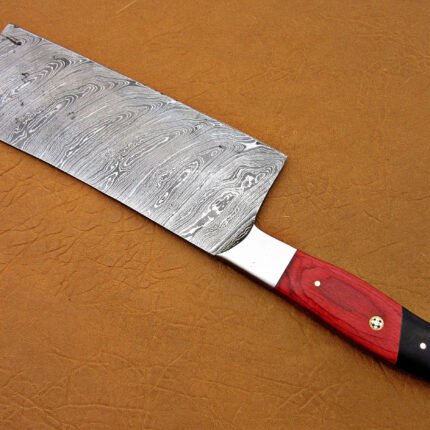 Damascus Steel Blade Meat Cleaver With Red Horn Steel Bolster Handle