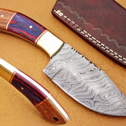 Damascus Steel Blade Skinner Knife With Micarta Sheet And Olive Wood Handle