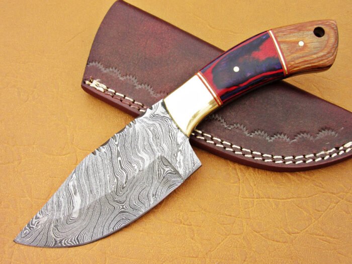 Damascus Steel Blade Skinner Knife With Micarta Sheet And Olive Wood Handle