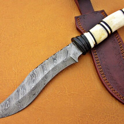 Damascus Steel Blade Bowie Knife Handle Camel Bone Overall 12 Inch