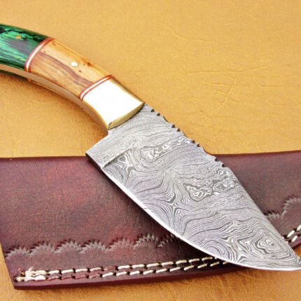 Damascus Steel Blade Skinner Knife With Olive Wood And Green Micarta Handle