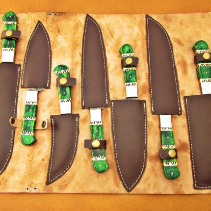 Damascus Steel Blade Chef Set Green Micarta, Handle, Bolster 7-14 Inch