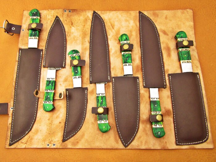 Damascus Steel Blade Chef Set Green Micarta, Handle, Bolster 7-14 Inch