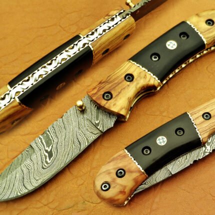 Damascus Folding Knife Olive Wood