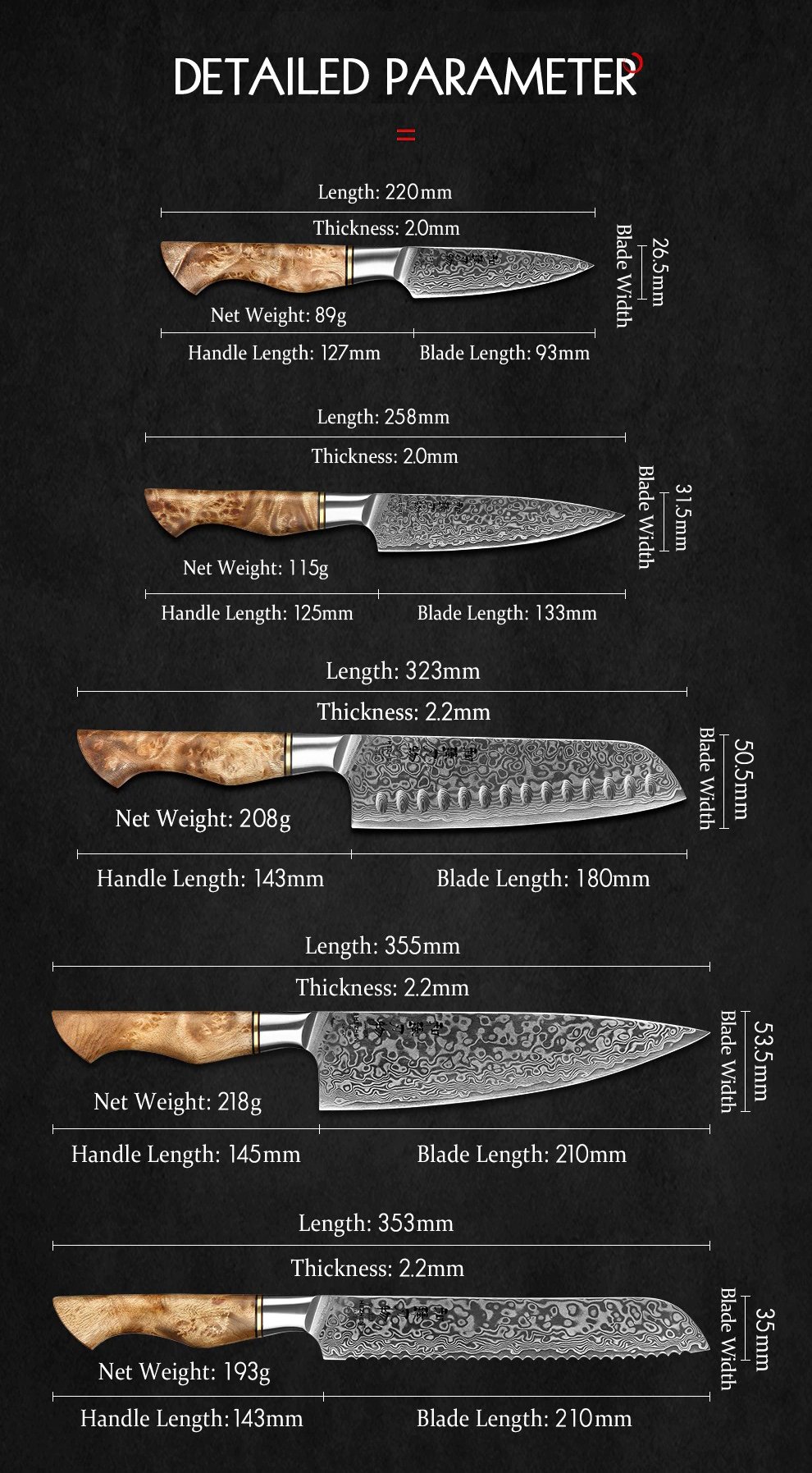 Set of 5 Raindrop Damascus Chef Knife