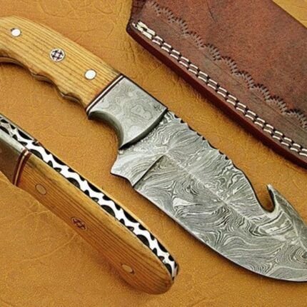 Handmade Damascus Steel 09'' Inches Fixed Blade Gut Hook Skinner Knife