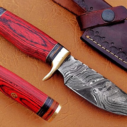 Damascus Steel Blade Hunting Knife Handle Red Micarta 9 Inch