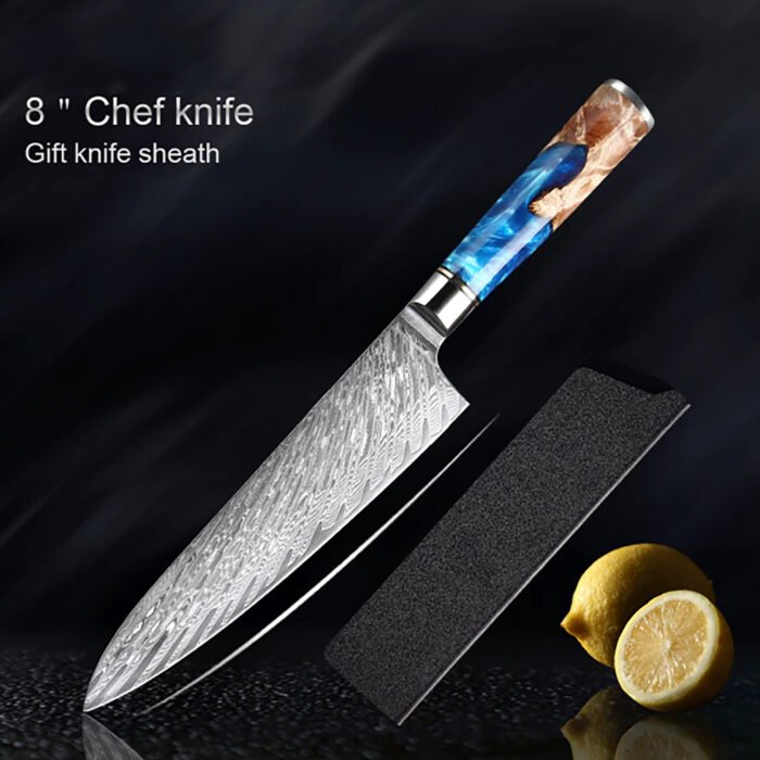 Damascus Steel Blue Resin Wood Handle 7 PCS. Kitchen Knife Set