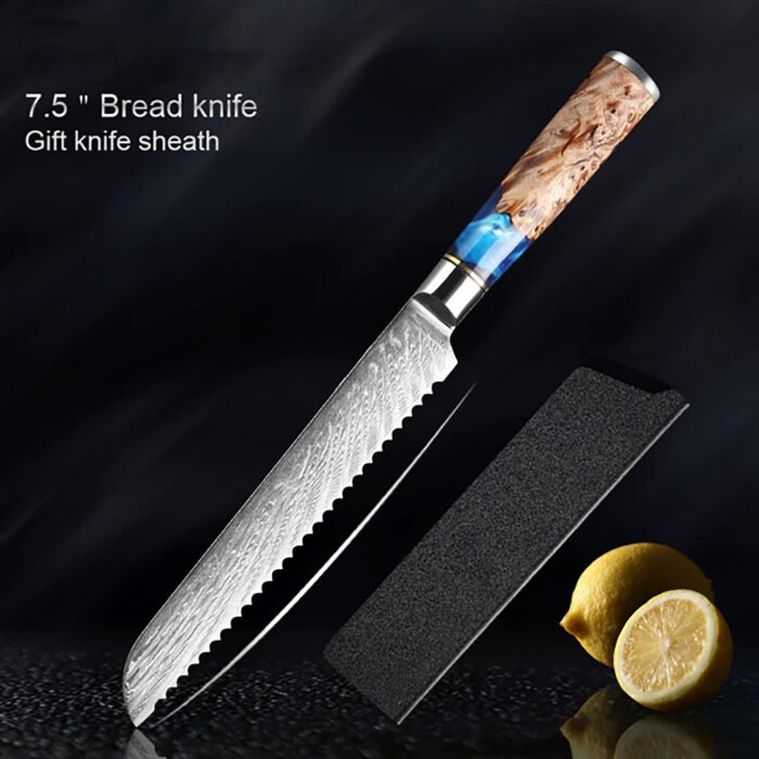 Damascus Steel Blue Resin Wood Handle 7 PCS. Kitchen Knife Set