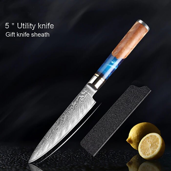 Damascus Steel Blue Resin Wood Handle 7 PCS. Kitchen Knife Set