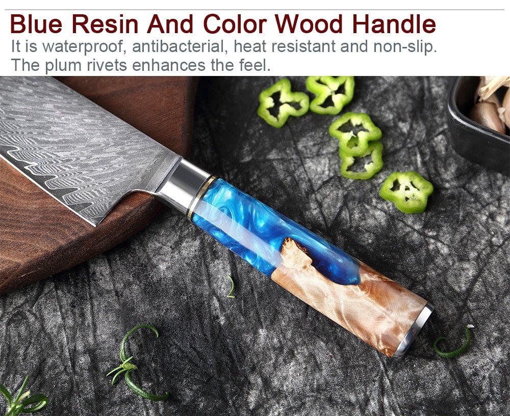 Damascus Steel Blue Resin Wood Handle Kitchen Knife Set – 7 Pcs.