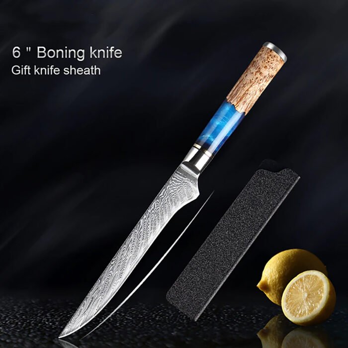 Damascus Steel Blue Resin Wood Handle 7 PCS. Kitchen Knife Set