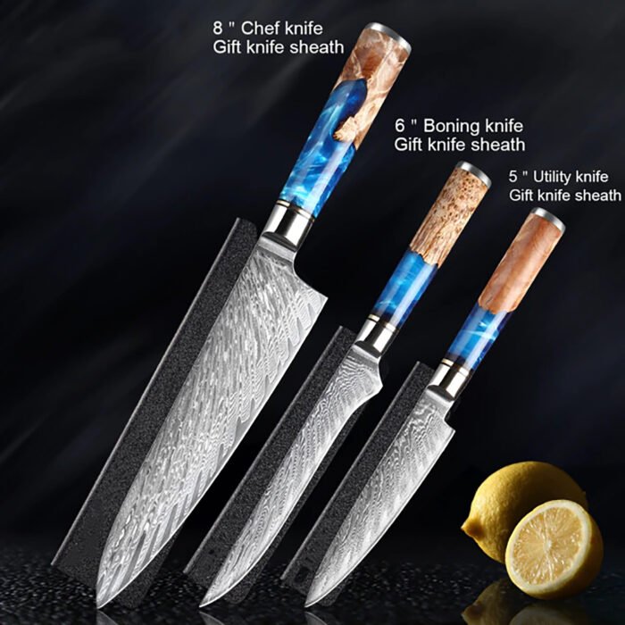 Damascus Steel Blue Resin Wood Handle 7 PCS. Kitchen Knife Set