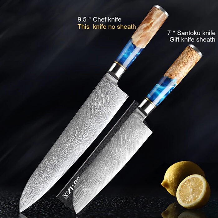 Damascus Steel Blue Resin Wood Handle 7 PCS. Kitchen Knife Set