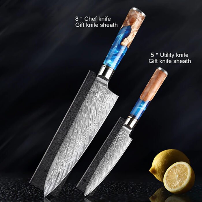 Damascus Steel Blue Resin Wood Handle 7 PCS. Kitchen Knife Set