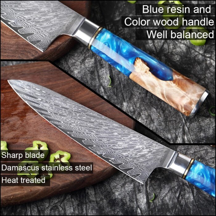 Damascus Steel Blue Resin Wood Handle 7 PCS. Kitchen Knife Set