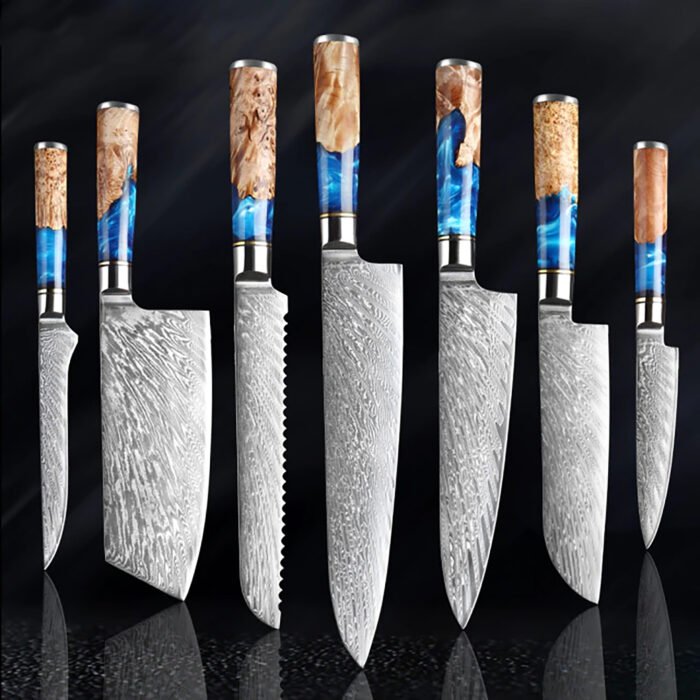 Damascus Steel Blue Resin Wood Handle 7 PCS. Kitchen Knife Set