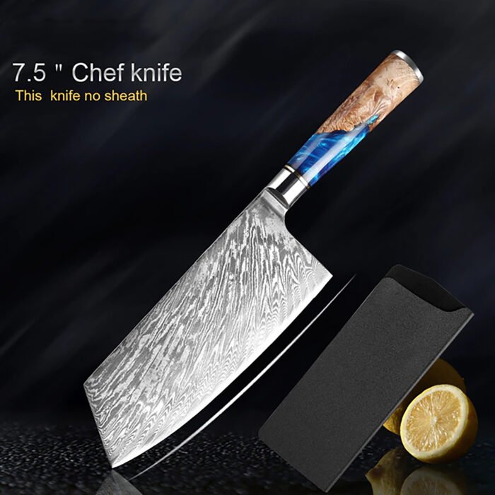 Damascus Steel Blue Resin Wood Handle 7 PCS. Kitchen Knife Set