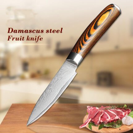 Damascus Steel knives 3 PCS. Brown Wood Resin Handle