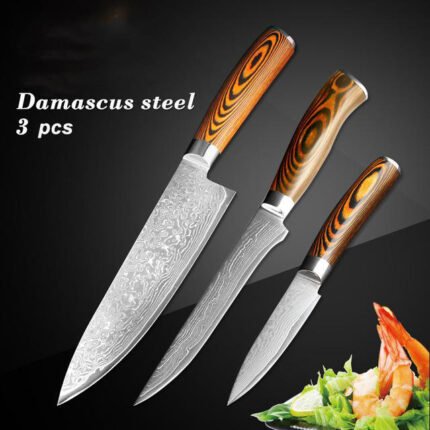 Damascus Steel knives 3 PCS. Brown Wood Resin Handle