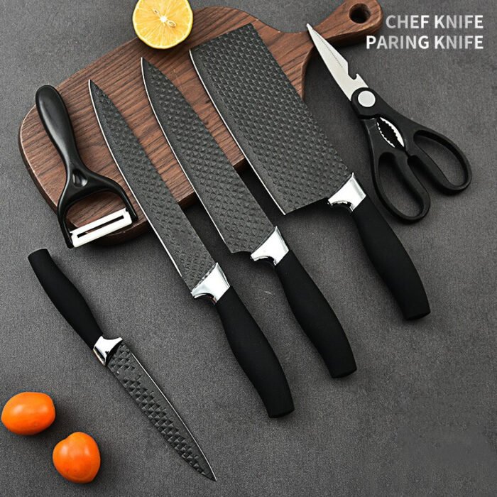 6PCS Chef Kitchen Knives Set Black Damascus Wooden Handle with Scissors