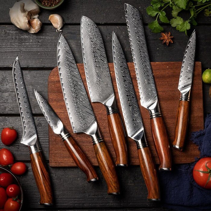 Wooden Handle Damascus Steel Kitchen Knives Set - 7 Pcs.