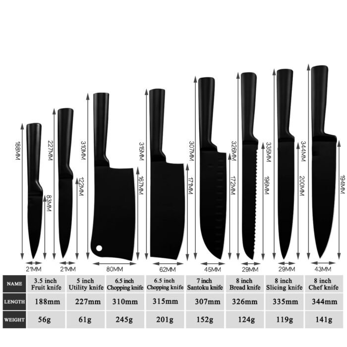 8pcs Stainless Steel Kitchen Knives-Non-stick Black Blade