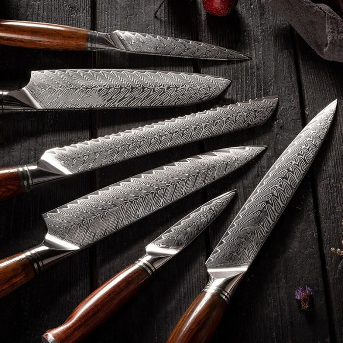 Wooden Handle Damascus Steel Kitchen Knives Set - 7 Pcs.