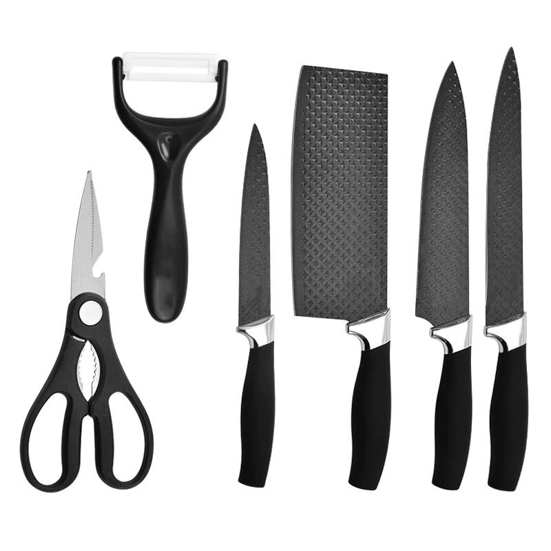 6PCS Chef Kitchen Knives Set Black Damascus Wooden Handle with Scissors