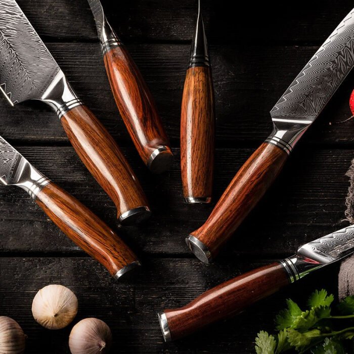 Wooden Handle Damascus Steel Kitchen Knives Set - 7 Pcs.