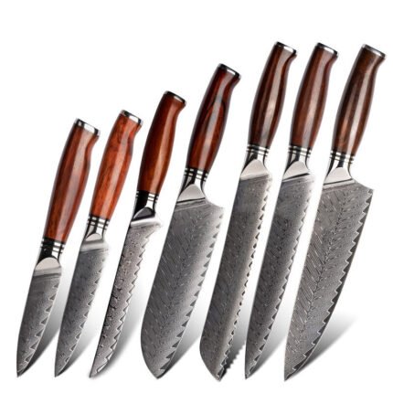 Wooden Handle Damascus Steel Kitchen Knives Set - 7 Pcs.