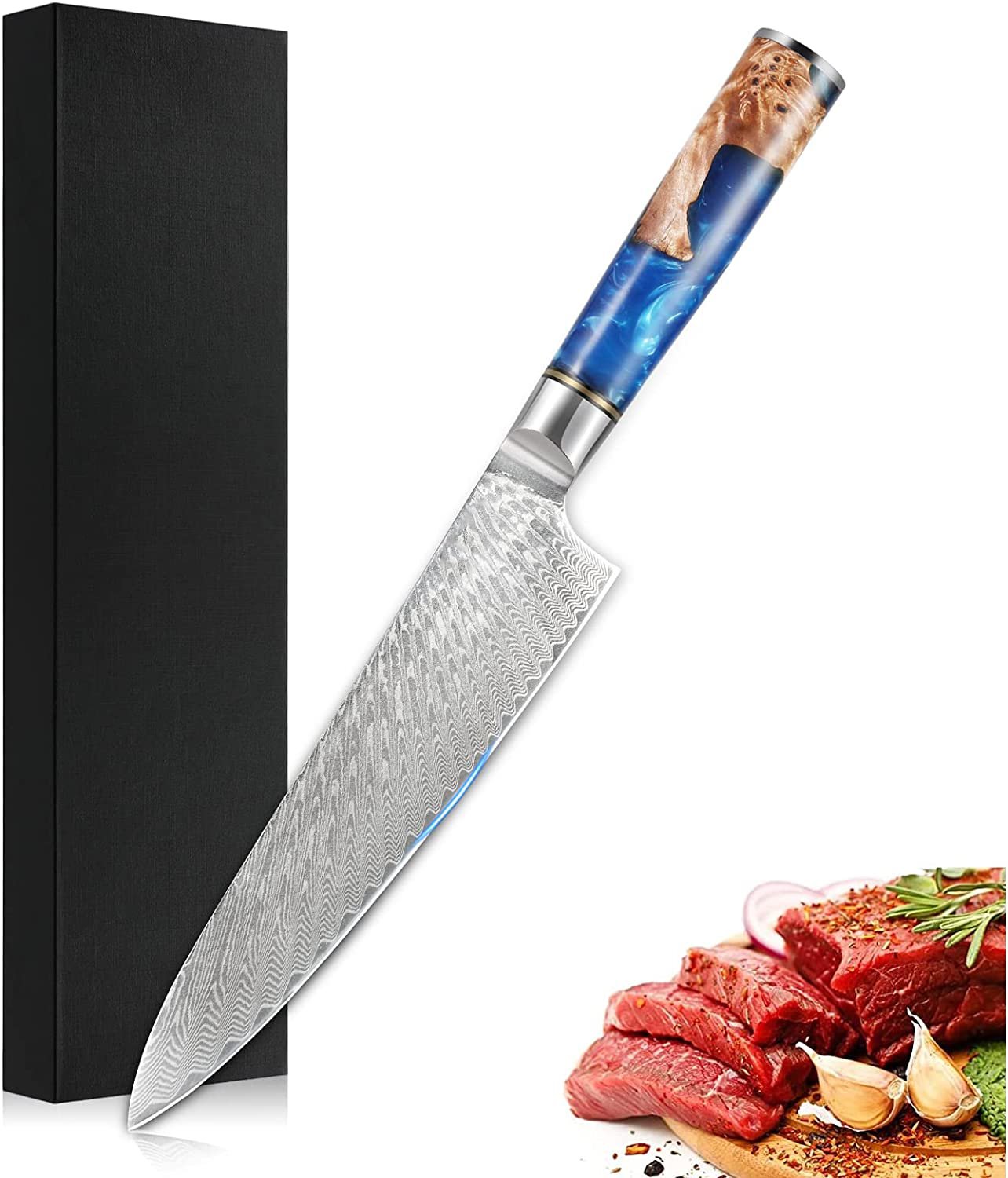 Damascus Chef Knife Ergonomic Resin Wood Handle -8 Inch