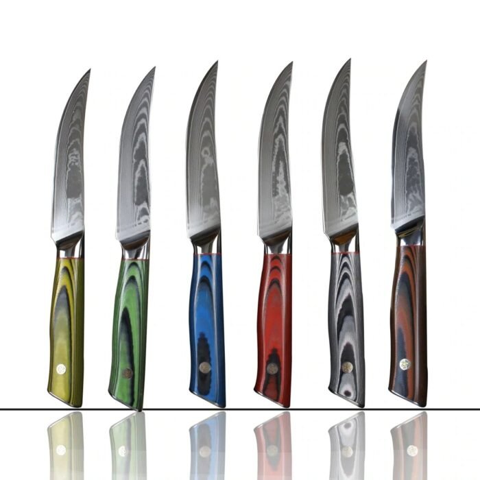 Damascus Steak Knife Set of 6 Japanese Aus-10 Steel Non-serrated Steak Knives