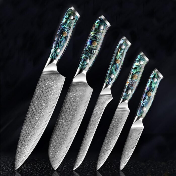 Japanese Damascus Steel Knife Set With Abalone Shell Handle