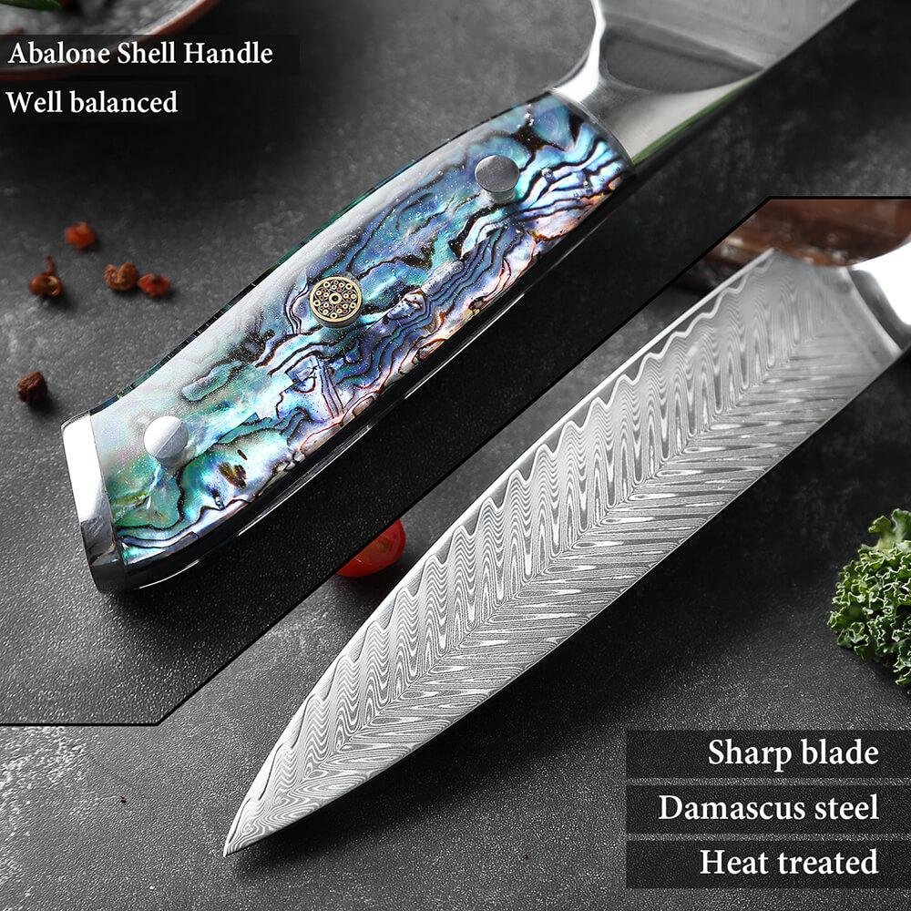 Japanese Damascus Steel Knife Set With Abalone Shell Handle