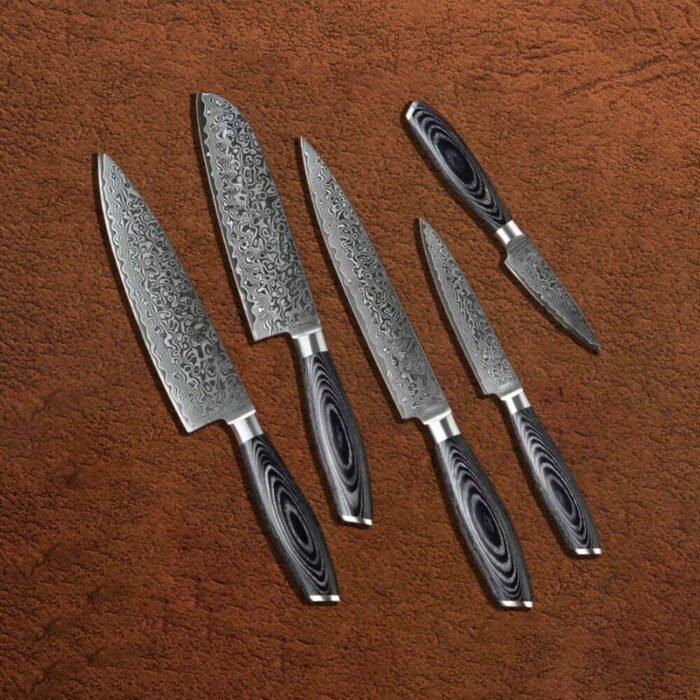 Damascus Kitchen Knife Set with Pakka Wood Handle Set of 5