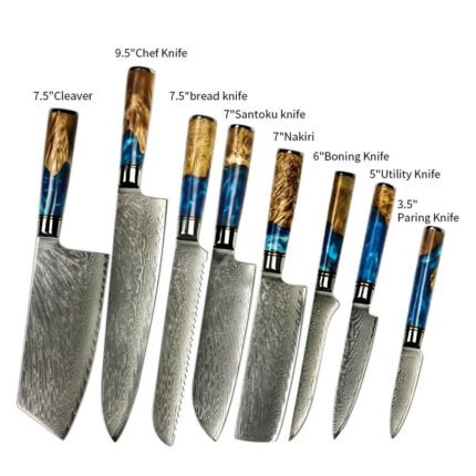 9 Piece Japanese Damascus Steel Amber Chef Knife Set