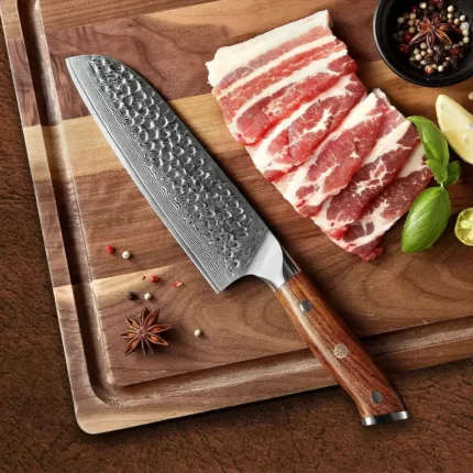 Damascus Santoku Knife with Desert Iron Wood Handle