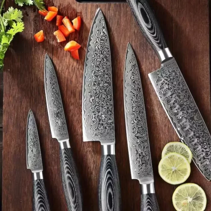 Damascus 5 PCS Kitchen Chef Knife Set with Pakka Wood Handle