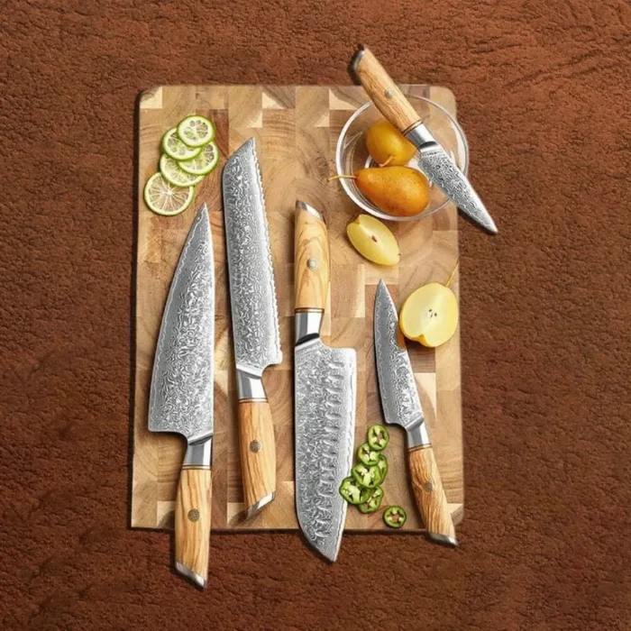 Damascus 73 Layers Powder Steel 5 PCS Knife Set with Olive Wood Handle