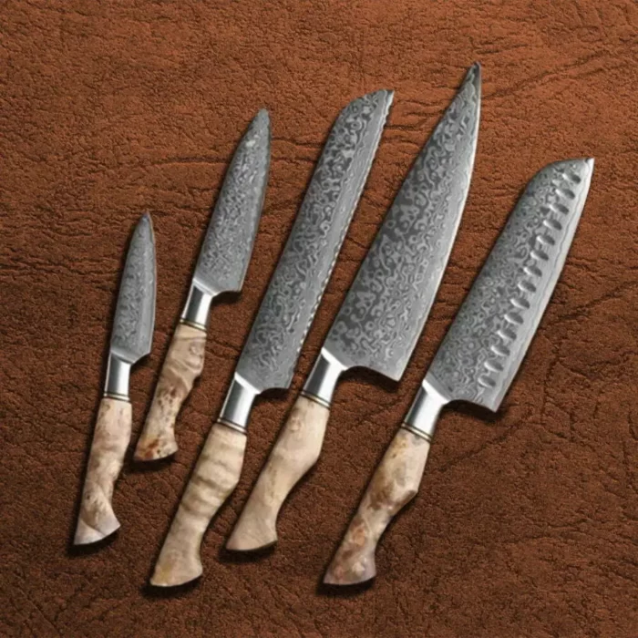 Damascus Premium Steel 5 PCS Kitchen Chef Knife Set with Sycamore Handle