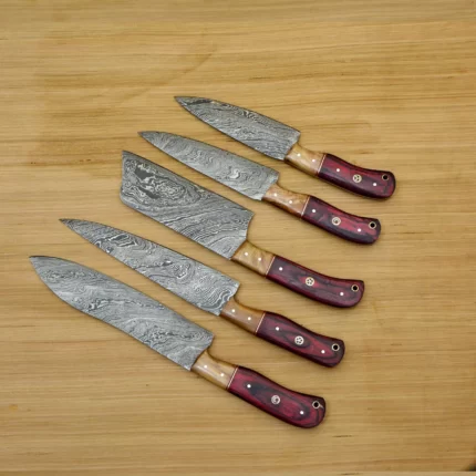 Set of Damascus Chef Knife Set With Leather Roll