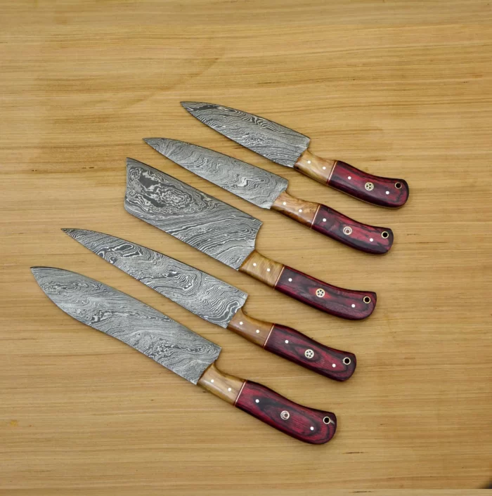 Set of Damascus Chef Knife Set With Leather Roll