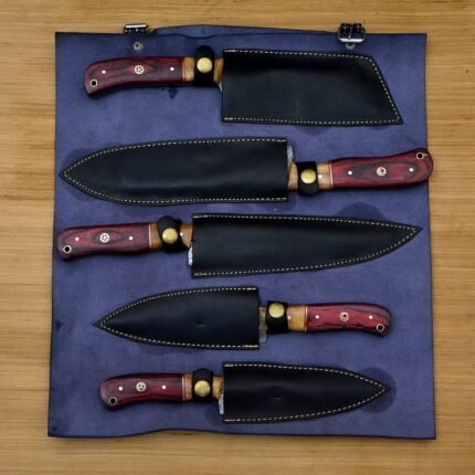 Set of Damascus Chef Knife Set With Leather Roll