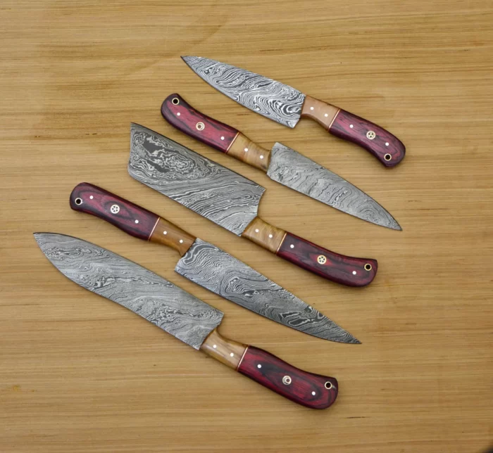 Set of Damascus Chef Knife Set With Leather Roll